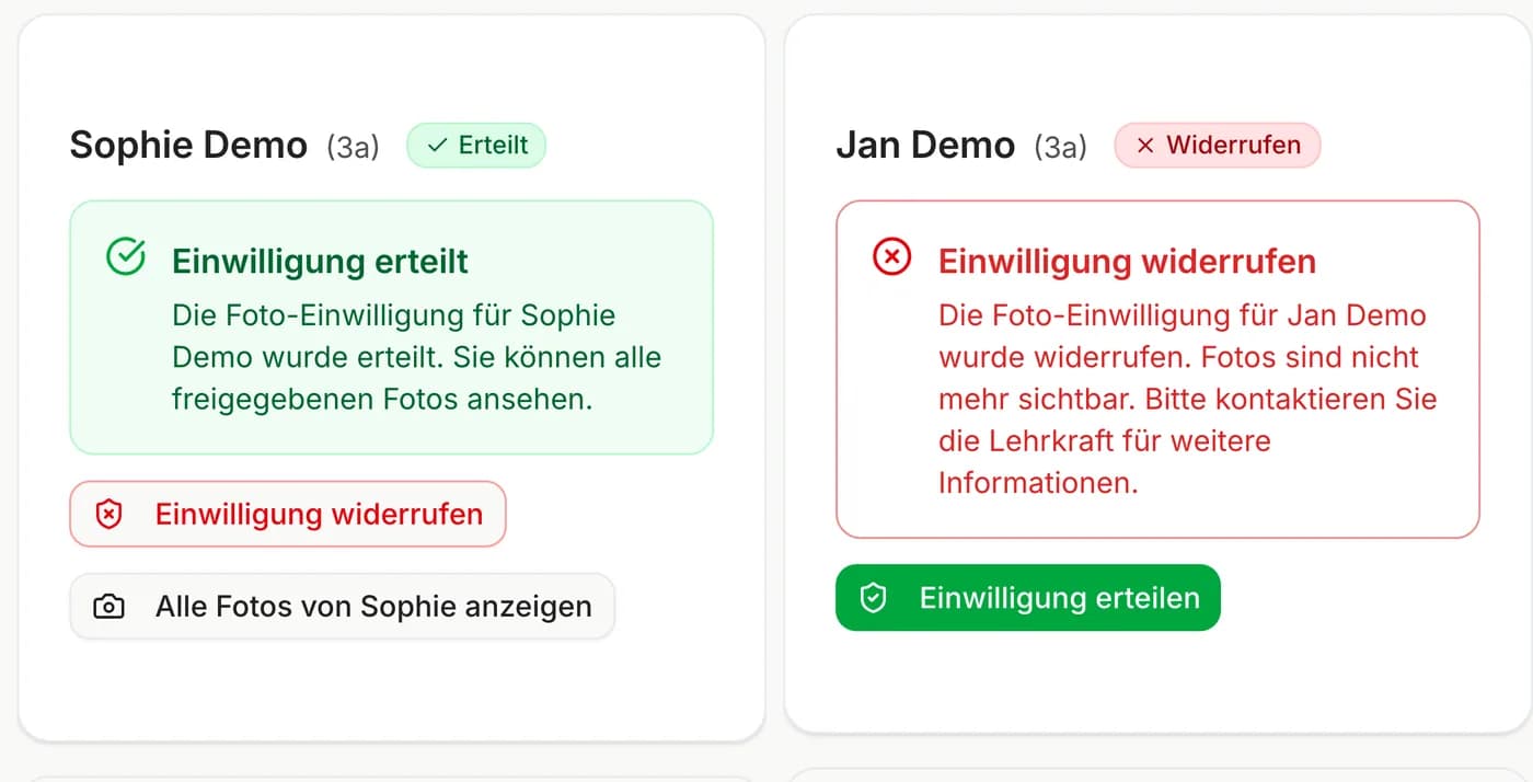 Eltern-Ansicht: links Einwilligung erteilt, rechts Einwilligung widerrufen