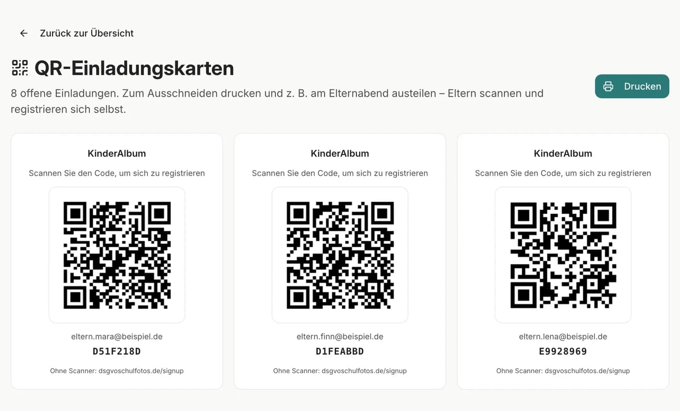 Druckbare QR-Einladungskarten für den Elternabend, je eine Karte mit Code